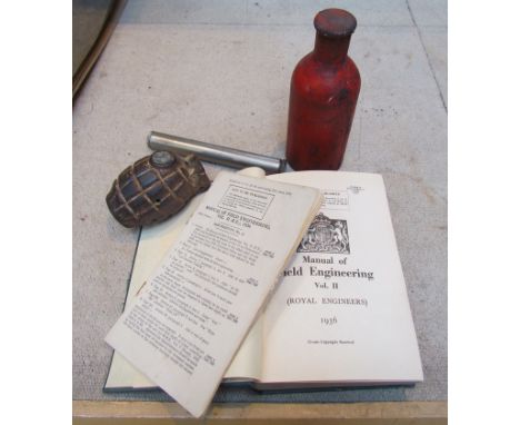 A WWII era drill projector grenade, after the No.76 S.I.P Mk.1, a Mills grenade, Field Engineering book and oiler (5) 