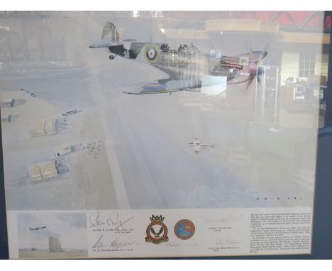 A limited edition print after Eric Day depicting Spitfire in flight, commemorating ATC pilots, various signatures, F and G