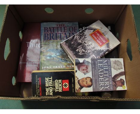 A box of military books and miscellaneous including "The rise and fall of the Third Reich" and bicycle lamp