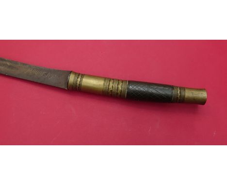 A 19th Century Burmese Kachin Dha, slightly curved blade with single edge, rounded brass and hardwood handle with no guard, c