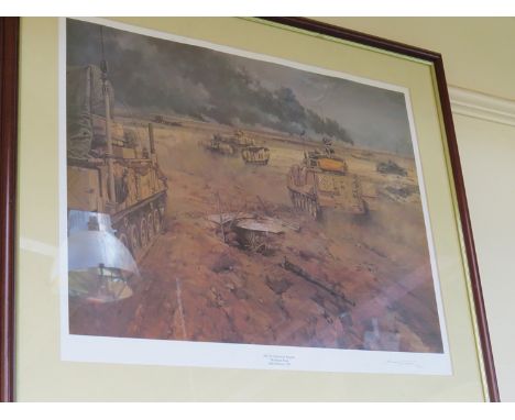 A framed and glazed print "HQ 7th Armoured Brigade, The Basra Road" 1991