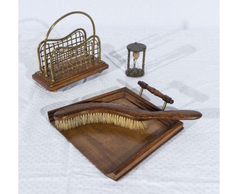 A small vintage letter rack, crumb tray and brush and an egg timer