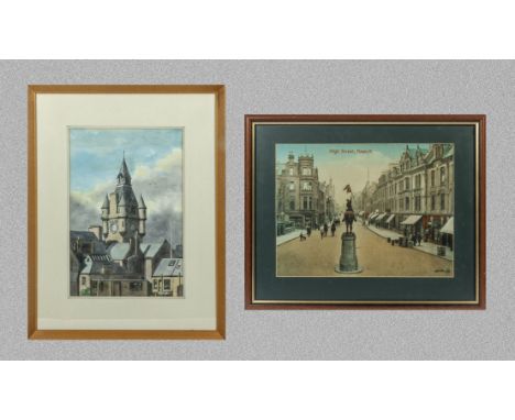 A framed watercolour of the town hall clock Hawick signed RE Scott 39cm x 26cm together with a print of Hawick high street 30