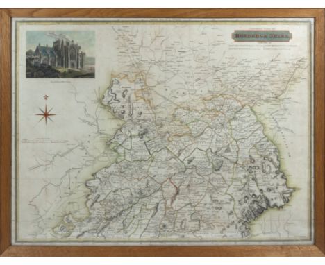 A framed map of the Northern part of Roxburghshire with a vignette of Melrose Abbey, engraved by N R Hewitt London56cm x 73cm