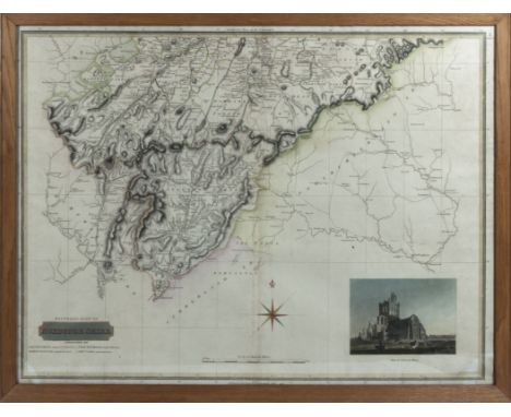 A framed map of the Southern part of Roxburghshire with a vignette of Jedburgh Abbey, engraved by N R Hewitt London, 56cm x 7