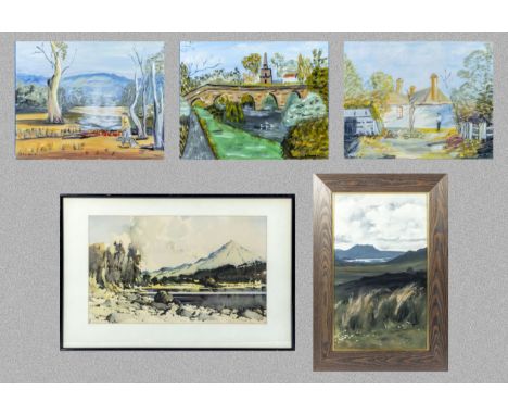 Three unframed watercolours 40cm x 50cm signed Judy Sanders together with a framed oil on board 45cm x 28cm and a framed prin