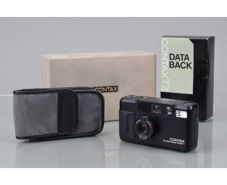 A Contax T2 Camera, black, shutter working, responsive in auto, meter responsive, flash working, self timer working, body VG,