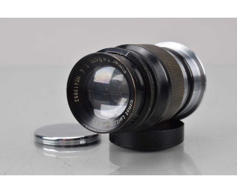 A Leitz Wetzlar Elmar 9cm f/4 Lens, L39 mount, black & chrome, serial no 413992, 1937, barrel G, some brassing to grip/filter