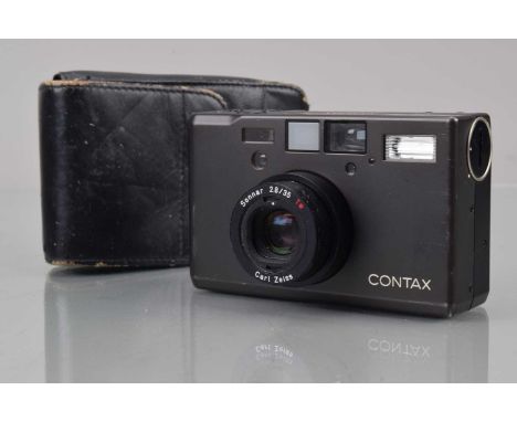 A Contax T3 Compact Camera, black, shutter working, responsive in settings, flash working, self timer working, body G, slight