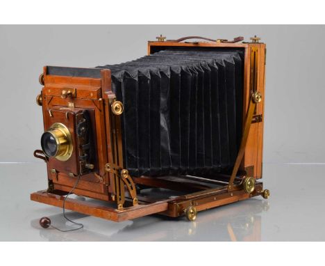 A J Lizars Mahogany & Brass Half Plate Camera, double extension, body G-VG, brass G-VG, bellows G, with C Burr 7¼ x 4½ W.A Ad