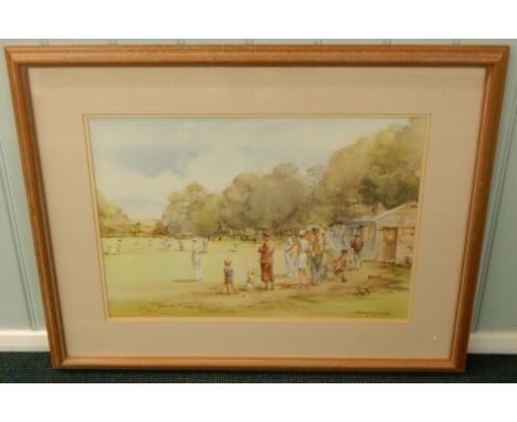 Douglas E West.  Pavilion End, coloured print, 37cm x 53cm.