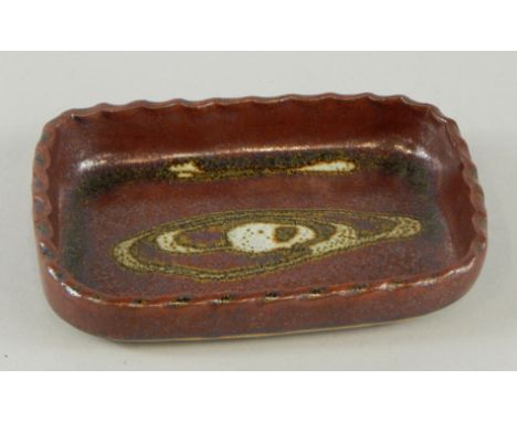 A Michael Cardew Winchcombe pottery stoneware rectangular dish, with impressed thumb edge, pottery mark to underside, 15cm x 