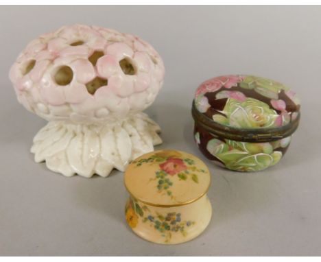 Three porcelain items, a Grainger & Co posy basket, a Royal Worcester blush ivory miniature box and cover and a Continental p