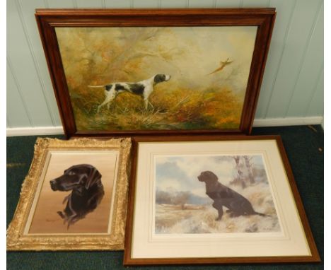 Various working dog related pictures, to include a portrait of a black labrador, signed Marriott, oil on board, 40cm x 28cm, 