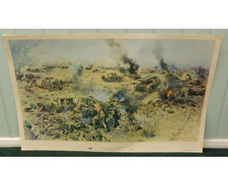 Terence Cuneo.  The Battle of Knightsbridge, artist signed print, with blind stamp, unframed, 53cm x 80cm.