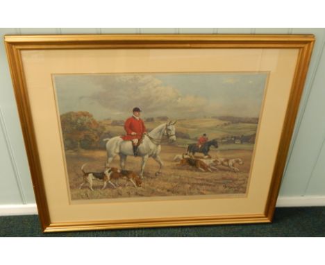 After Alfred G Haigh.  Huntsman and Hounds, artist signed print, 46cm x 60cm.