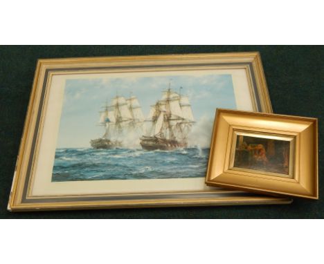 After Montague Dawson.  The Action between Java and Constitution, December 1812, coloured print, and another 20thC printed in