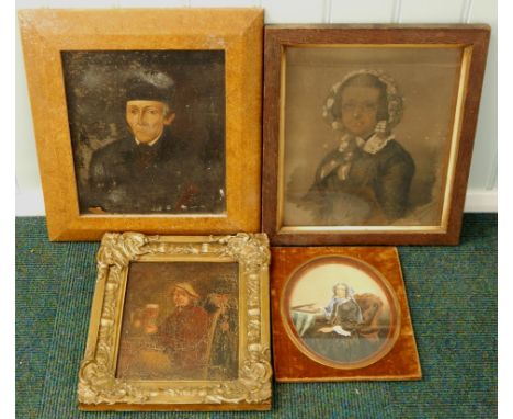 Various 19thC portraits, to include a portrait of a lady holding a miniature seated before a table, a hand tinted photograph,