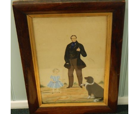 19thC School.  Portrait of a gentleman with a child and dog, watercolour, 44cm x 28cm, in rosewood frame.