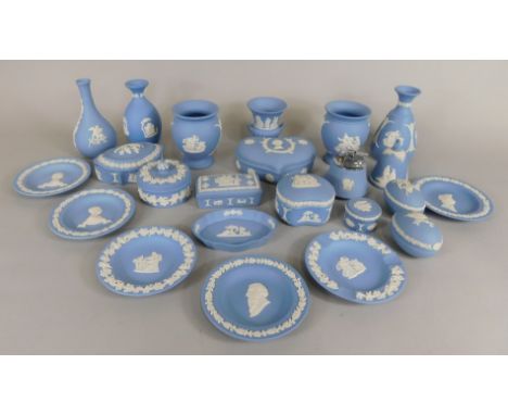 A collection of Wedgwood blue Jasperware items, to include vases, Royal Commemorative dishes, lighter, bell, etc.