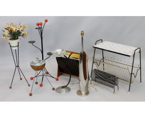 A collection of retro style furniture, to include two magazine racks, a record display unit, two ashtrays, table lamp, etc.