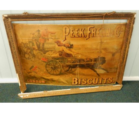 A Victorian Peek Frean & Co advertising poster for biscuits, depicting a stage coach chasing a lady stealing fairy cakes and 