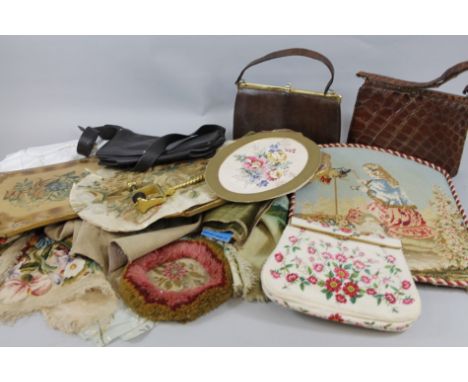 Miscellaneous items of textile, to include embroidered pole screen banners, woolwork pieces, vintage handbags etc.