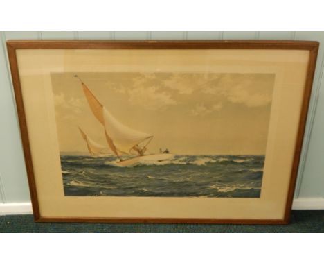 After Montague Dawson.  Neck and Neck, coloured print, 48cm x 69cm.