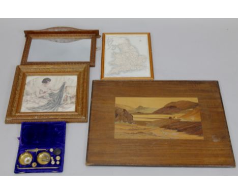 A collection of items, to include a carved oak wall mirror, a print in a gesso frame and marquetry picture.