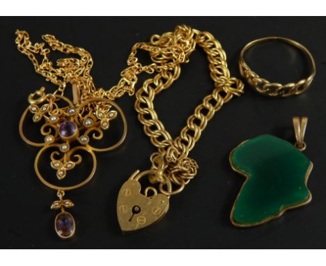 A collection of gold and yellow metal mounted jewellery, to include an Australian pendant, a bracelet an amethyst and pearl s