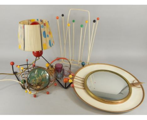 A collection of 1960's retro style items, to include a coat rack with multi-coloured ball shaped hooks, a similar table lamp,