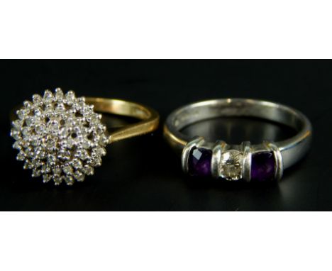 Two dress rings, to include a 9ct gold cluster ring and a platinum dress ring set with a diamond and amethysts. 