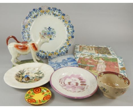 A quantity of 19thC pottery, to include a cow creamer, a Delft tile, a lustre plate, child's plate etc.