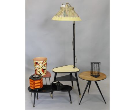 A collection of retro style furniture, to include a standard lamp with integral shelf, a shaped coffee table, a circular coff