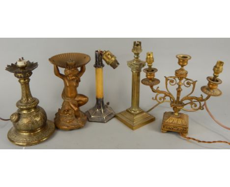 A collection of items of lighting, to include column table lamp, French three branch gilt metal candelabra, converted to a ta