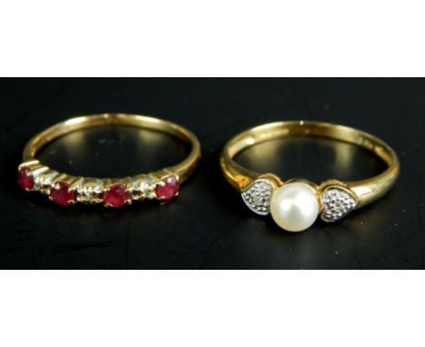 Two 9ct gold dress rings, one set with cultured pearl and tiny white stones, the other set with red and white stones, 2.6g al