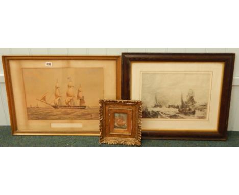 After Dutton.  The Blenheim, East Indiaman, Fourteen Hundred Tonnes, 30cm x 41cm, another, a miniature of a galleon in elabor