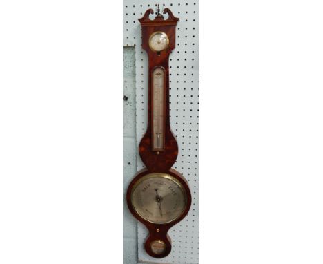 A mid 19thC mahogany wheel barometer, the silvered dial stand signed A. Tacchi, Bedford, with dry/damp gauge, thermometer and
