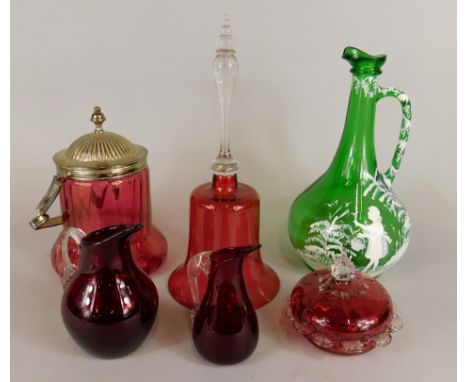 Six pieces of early 20thC and later glassware, comprising a green flask painted in the Mary Gregory style, a ruby bell with c