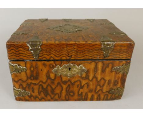 A Victorian Hungarian ash and brass band workbox, with two divisions, previously a tea caddy, 22cm wide.