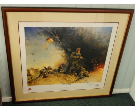 Terence Cuneo.  The Paras Are Landing, artist signed print, also signed by General Sir Geoffrey Hewlett KPE MC, 60cm x 70cm.
