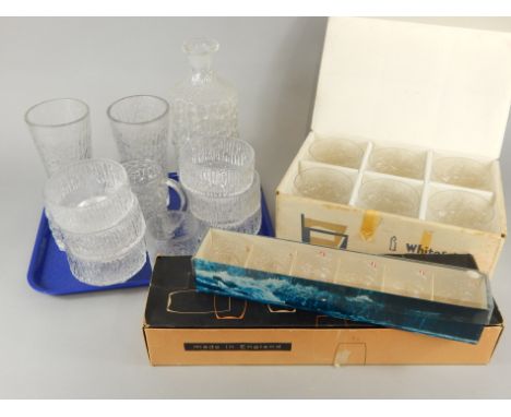A collection of retro style 1960-70's glass, to include a set of Whitefriars whisky glasses in original box, decanter, sundae