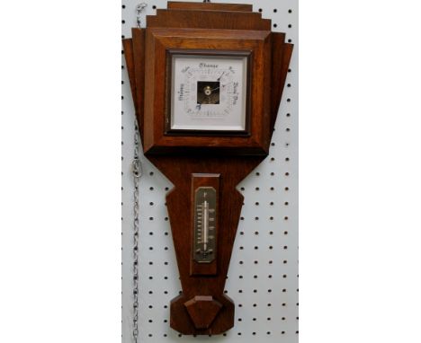 An aneroid barometer and thermometer, in oak Art Deco style case, 56cm high