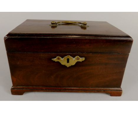 An early 19thC mahogany tea caddy, rectangular with a brass bail handle to the cover, brass escutcheons, on bracket feet (lac
