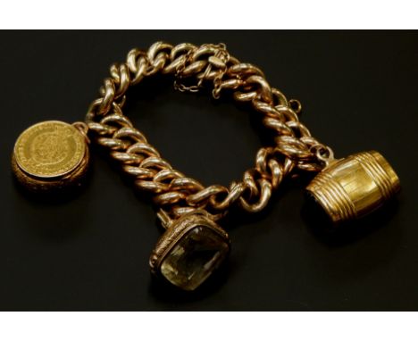 A heavy curb link charm bracelet, with three charms, including a barrel locket, yellow metal, unmarked, with agate to each en