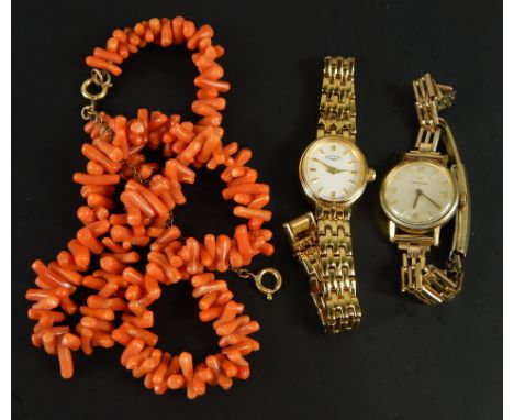 A collection of jewellery, to include a ladies gold plated Omega watch, a Rotary ladies wristwatch and a coral necklace