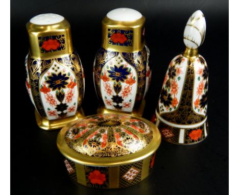A quantity of Royal Crown Derby trinkets, to include salt and pepper pots, Old Imari pattern bell, and Old Imari trinket dish