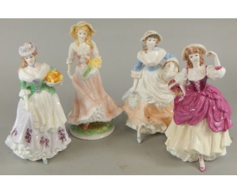 Four English porcelain figures, to include three Coalport figures of Oranges and Lemons, Ripe Cherries Ripe and Milk Maid and