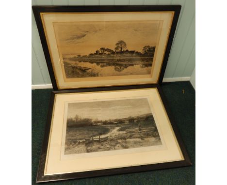 After Benjamin William Leader.  Village scene with thatch cottage, river, etc., artist signed monochrome print, 52cm x 80cm