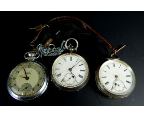 Two silver and engine turned pocket watches, and a Smiths Empire chrome plated pocket watch. (3)